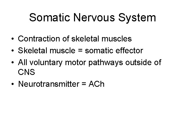 Somatic Nervous System • Contraction of skeletal muscles • Skeletal muscle = somatic effector Somatic Nervous System • Contraction of skeletal muscles • Skeletal muscle = somatic effector