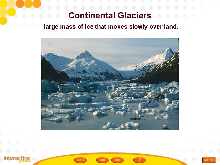 Continental Glaciers large mass of ice that moves slowly over land. 