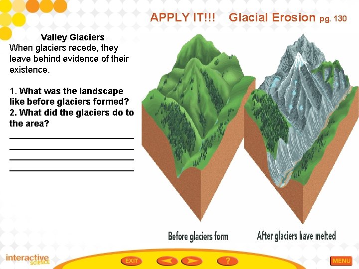 APPLY IT!!! Valley Glaciers When glaciers recede, they leave behind evidence of their existence.