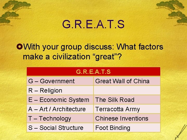 G. R. E. A. T. S £With your group discuss: What factors make a