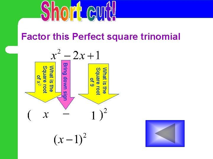 Factor this Perfect square trinomial What is the Square root of 9 Bring down