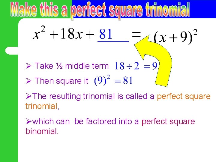 Ø Take ½ middle term Ø Then square it ØThe resulting trinomial is called
