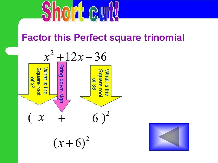 Factor this Perfect square trinomial What is the Square root of 36 Bring down