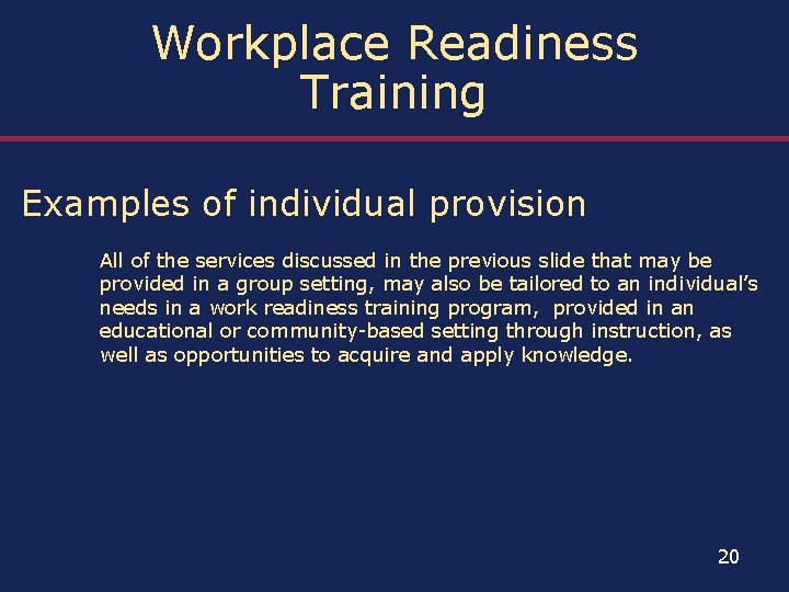 Workplace Readiness Training Examples of individual provision All of the services discussed in the
