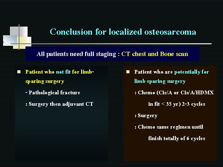Conclusion for localized osteosarcoma All patients need full staging : CT chest and Bone