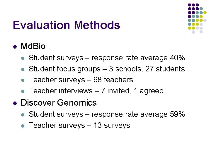 Evaluation Methods l Md. Bio l l l Student surveys – response rate average