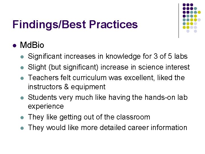Findings/Best Practices l Md. Bio l l l Significant increases in knowledge for 3