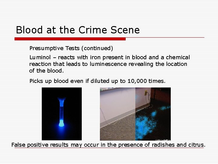 Blood at the Crime Scene Presumptive Tests (continued) Luminol – reacts with iron present