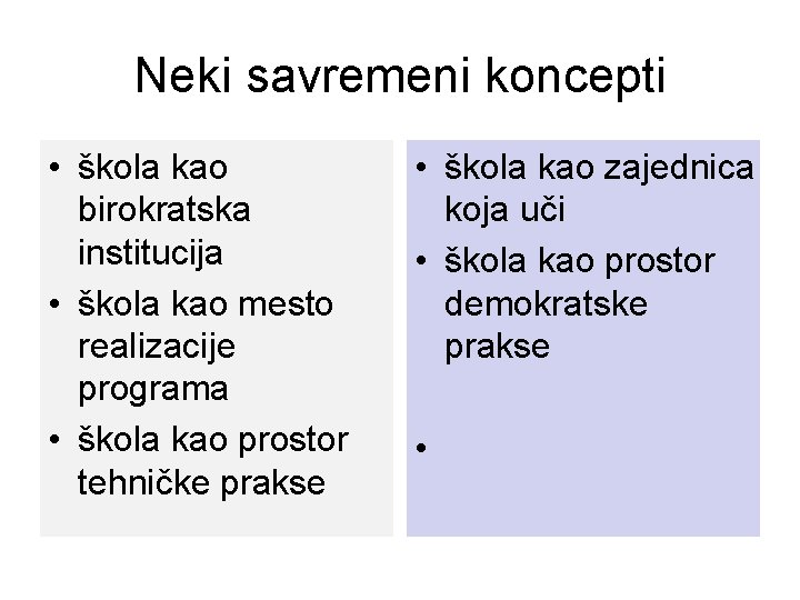 Neki savremeni koncepti • škola kao birokratska institucija • škola kao mesto realizacije programa