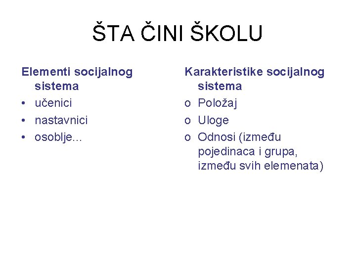 ŠTA ČINI ŠKOLU Elementi socijalnog sistema • učenici • nastavnici • osoblje. . .