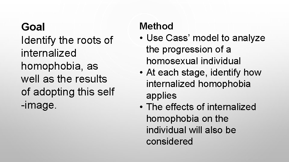 Goal Identify the roots of internalized homophobia, as well as the results of adopting