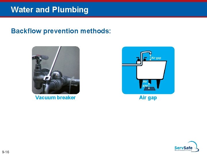 Water and Plumbing Backflow prevention methods: Vacuum breaker 9 -16 Air gap 