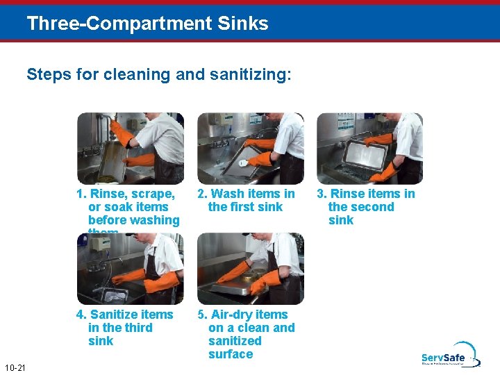 Three-Compartment Sinks Steps for cleaning and sanitizing: 10 -21 1. Rinse, scrape, or soak