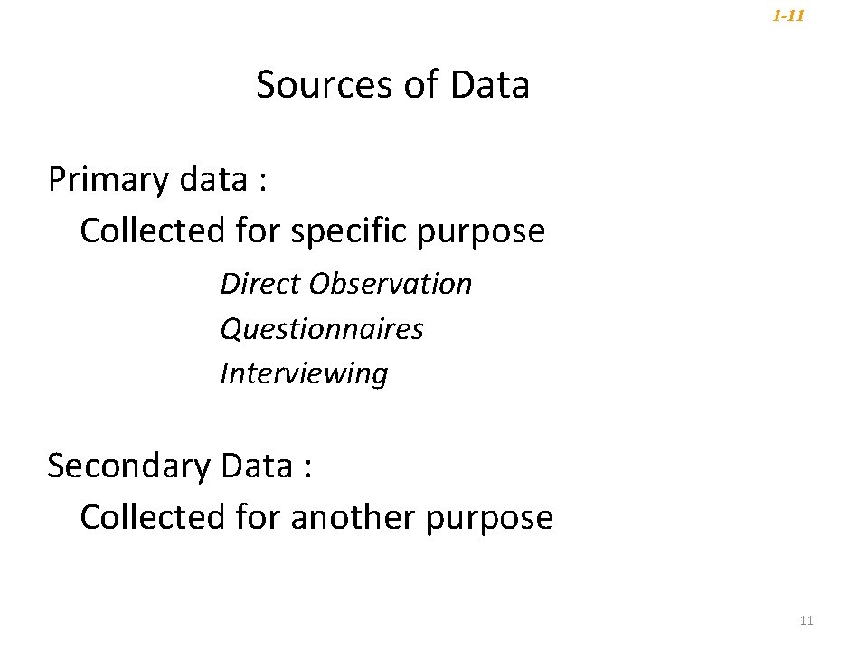 1 -11 Sources of Data Primary data : Collected for specific purpose Direct Observation 1 -11 Sources of Data Primary data : Collected for specific purpose Direct Observation