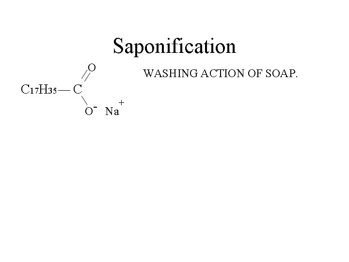 Saponification O C 17 H 35 C + O Na WASHING ACTION OF SOAP.