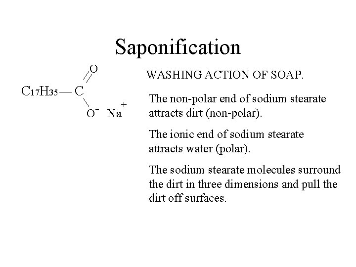 Saponification O C 17 H 35 WASHING ACTION OF SOAP. C + O- Na