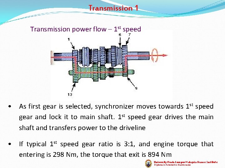 Transmission 1 Transmission power flow – 1 st speed • As first gear is Transmission 1 Transmission power flow – 1 st speed • As first gear is