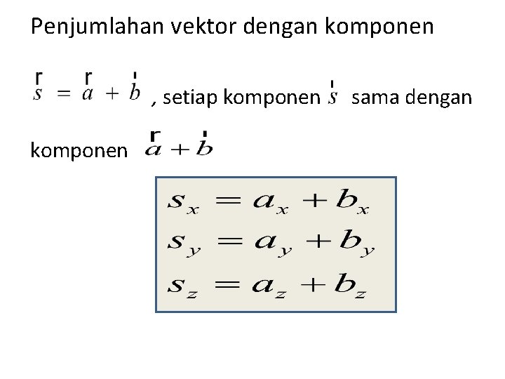 Penjumlahan vektor dengan komponen , setiap komponen sama dengan 