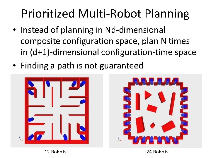 Prioritized Multi-Robot Planning • Instead of planning in Nd-dimensional composite configuration space, plan N