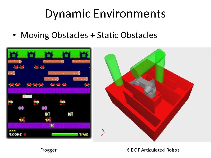 Dynamic Environments • Moving Obstacles + Static Obstacles Frogger 6 DOF Articulated Robot 