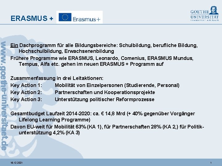 ERASMUS + Ein Dachprogramm für alle Bildungsbereiche: Schulbildung, berufliche Bildung, Hochschulbildung, Erwachsenenbildung Frühere Programme