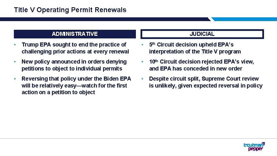 Title V Operating Permit Renewals ADMINISTRATIVE JUDICIAL • Trump EPA sought to end the