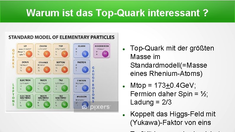 Warum ist das Top-Quark interessant ? Top-Quark mit der größten Masse im Standardmodell(=Masse eines