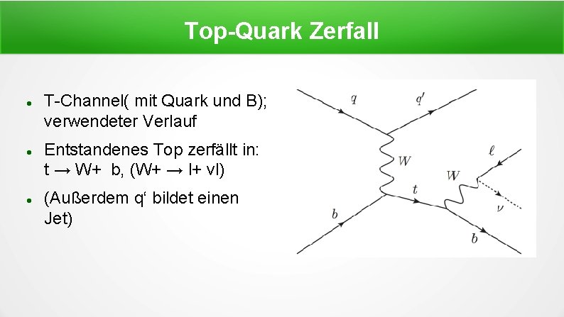 Top-Quark Zerfall T-Channel( mit Quark und B); verwendeter Verlauf Entstandenes Top zerfällt in: t
