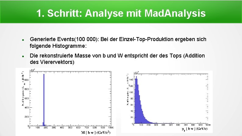 1. Schritt: Analyse mit Mad. Analysis Generierte Events(100 000): Bei der Einzel-Top-Produktion ergeben sich