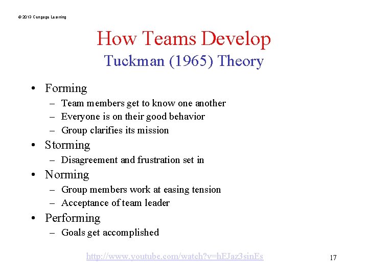 © 2013 Cengage Learning How Teams Develop Tuckman (1965) Theory • Forming – Team