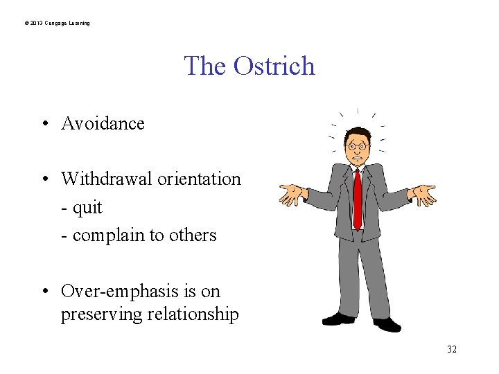 © 2013 Cengage Learning The Ostrich • Avoidance • Withdrawal orientation - quit -