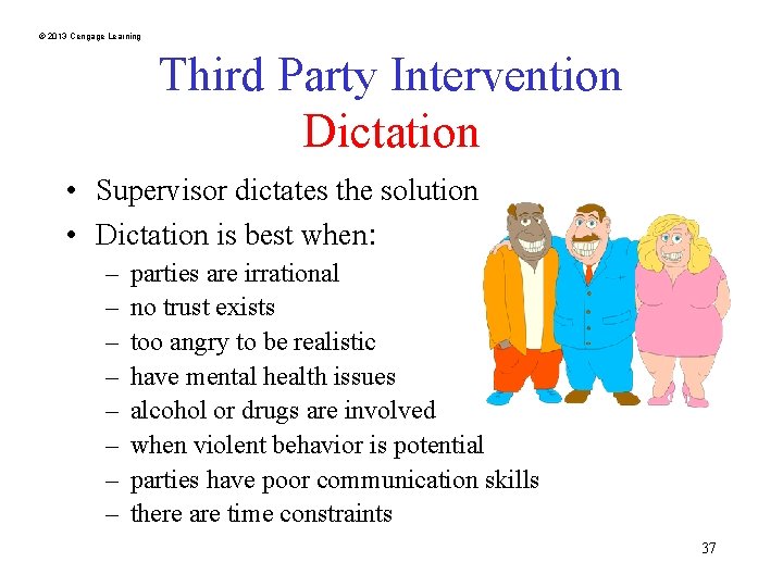 © 2013 Cengage Learning Third Party Intervention Dictation • Supervisor dictates the solution •