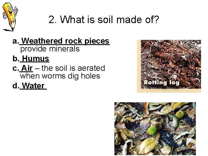 2. What is soil made of? a. Weathered rock pieces provide minerals b. Humus