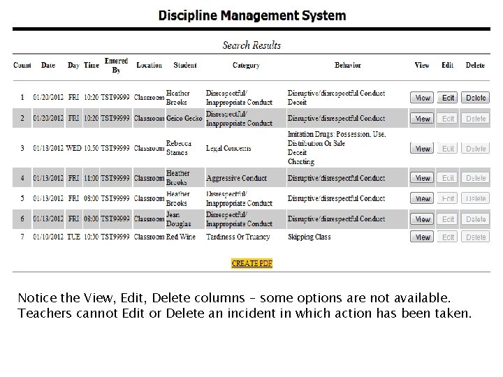 Notice the View, Edit, Delete columns – some options are not available. Teachers cannot Notice the View, Edit, Delete columns – some options are not available. Teachers cannot