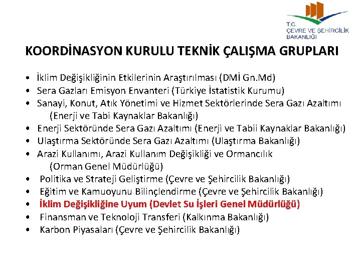 KOORDİNASYON KURULU TEKNİK ÇALIŞMA GRUPLARI • İklim Değişikliğinin Etkilerinin Araştırılması (DMİ Gn. Md) •