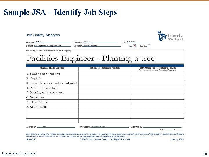 Sample JSA – Identify Job Steps Liberty Mutual Insurance 20 