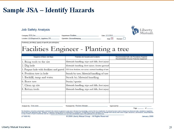 Sample JSA – Identify Hazards Liberty Mutual Insurance 21 