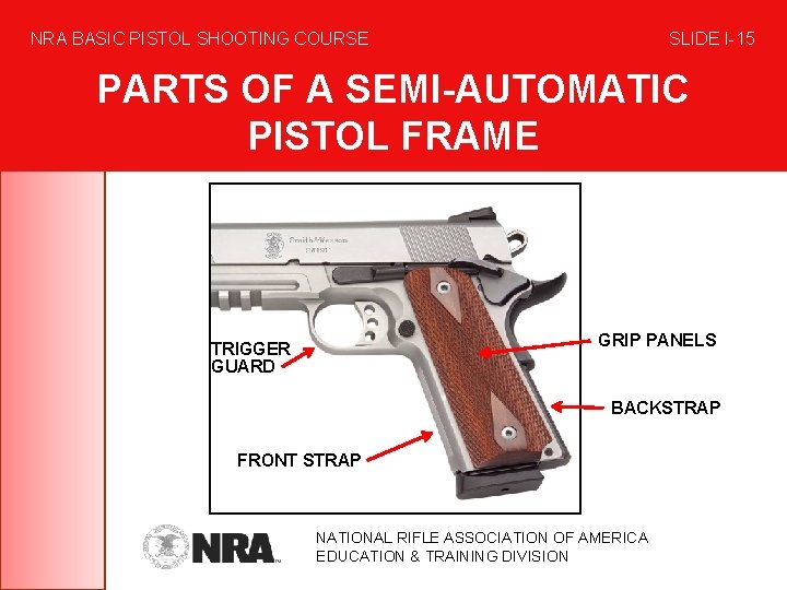 NRA BASIC PISTOL SHOOTING COURSE SLIDE I-15 PARTS OF A SEMI-AUTOMATIC PISTOL FRAME GRIP