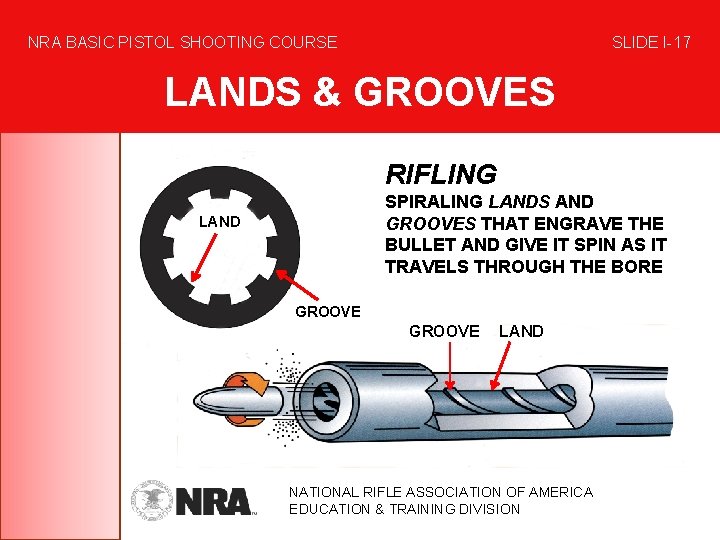 NRA BASIC PISTOL SHOOTING COURSE SLIDE I-17 LANDS & GROOVES RIFLING SPIRALING LANDS AND