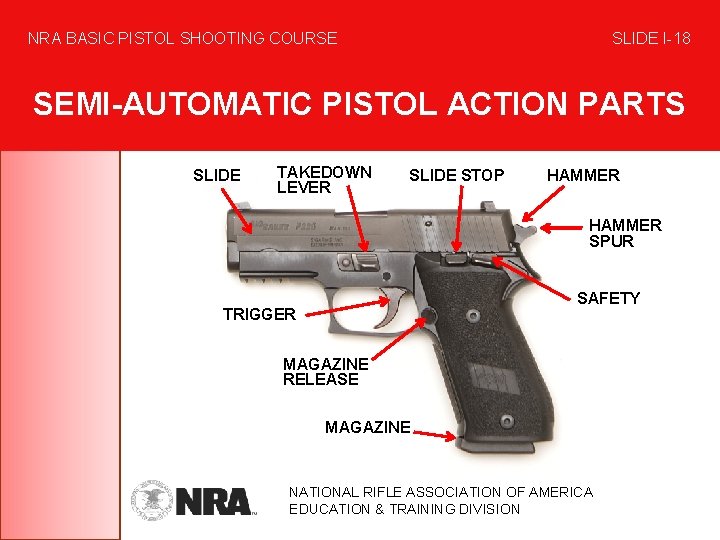 NRA BASIC PISTOL SHOOTING COURSE SLIDE I-18 SEMI-AUTOMATIC PISTOL ACTION PARTS SLIDE TAKEDOWN LEVER