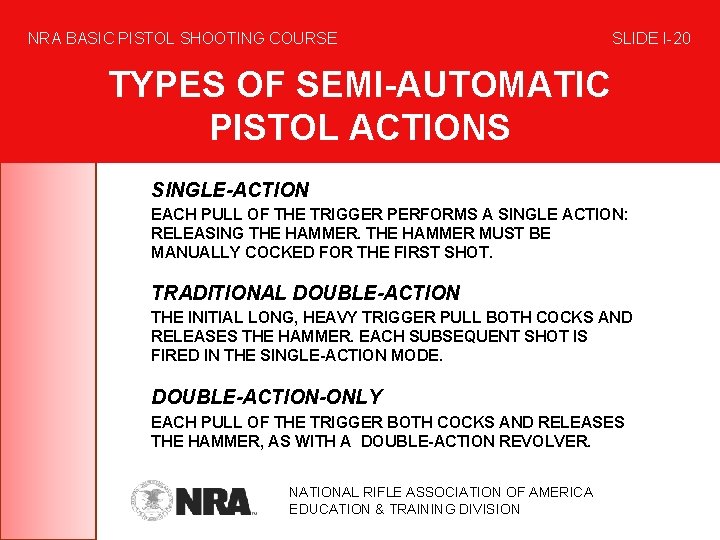 NRA BASIC PISTOL SHOOTING COURSE SLIDE I-20 TYPES OF SEMI-AUTOMATIC PISTOL ACTIONS SINGLE-ACTION EACH