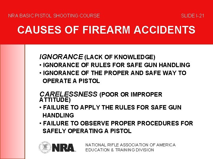 NRA BASIC PISTOL SHOOTING COURSE SLIDE I-21 CAUSES OF FIREARM ACCIDENTS IGNORANCE (LACK OF