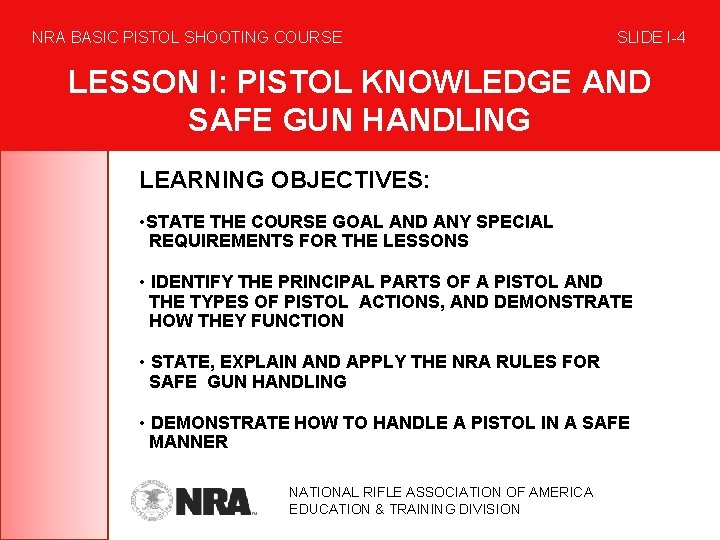 NRA BASIC PISTOL SHOOTING COURSE SLIDE I-4 LESSON I: PISTOL KNOWLEDGE AND SAFE GUN