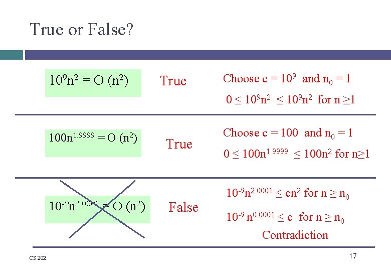 True or False? 109 n 2 = O (n 2) True Choose c =