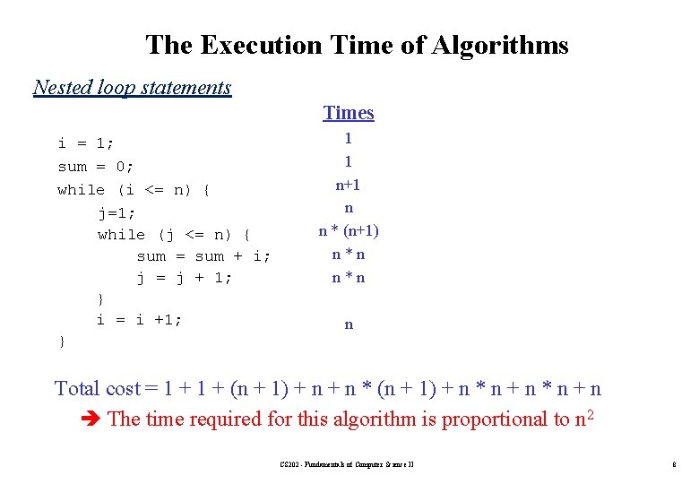 The Execution Time of Algorithms Nested loop statements Times i = 1; sum =