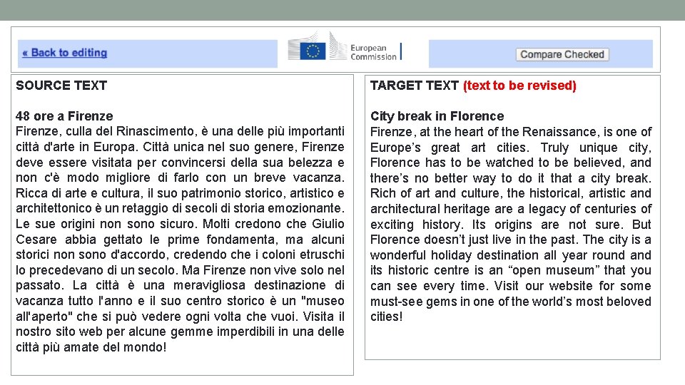 SOURCE TEXT TARGET TEXT (text to be revised) 48 ore a Firenze, culla del