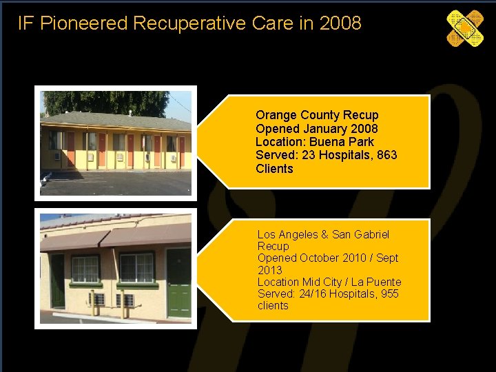 IF Pioneered Recuperative Care in 2008 Orange County Recup Opened January 2008 Location: Buena