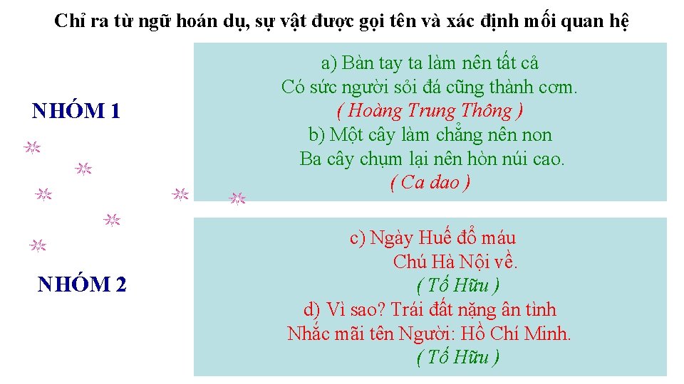 Chỉ ra từ ngữ hoán dụ, sự vật được gọi tên và xác định