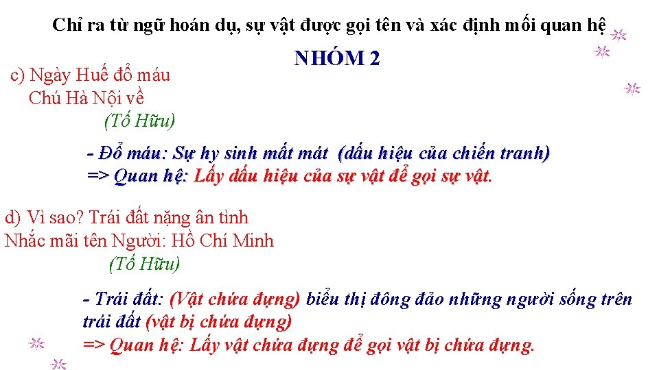 Chỉ ra từ ngữ hoán dụ, sự vật được gọi tên và xác định