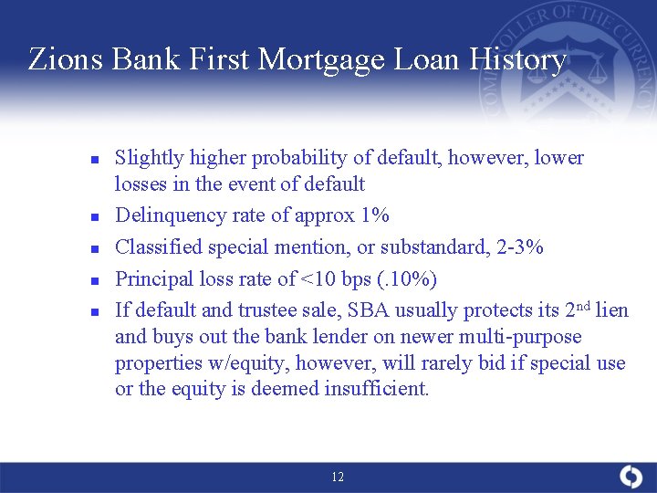Zions Bank First Mortgage Loan History n n n Slightly higher probability of default,
